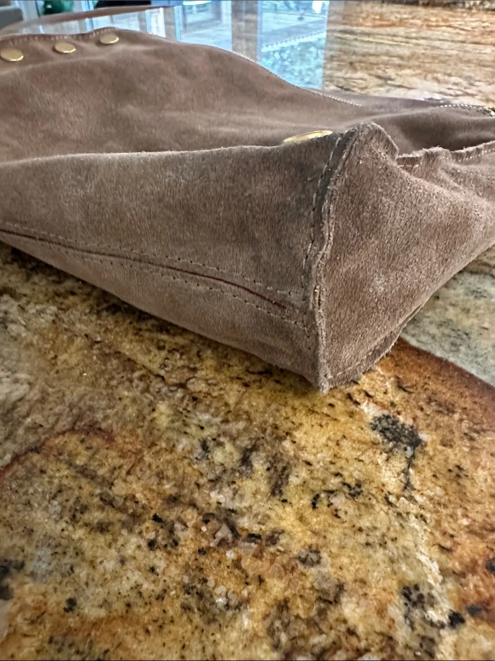 Taupe Suede Shoulder Bag with Gold Stud Accents - Women